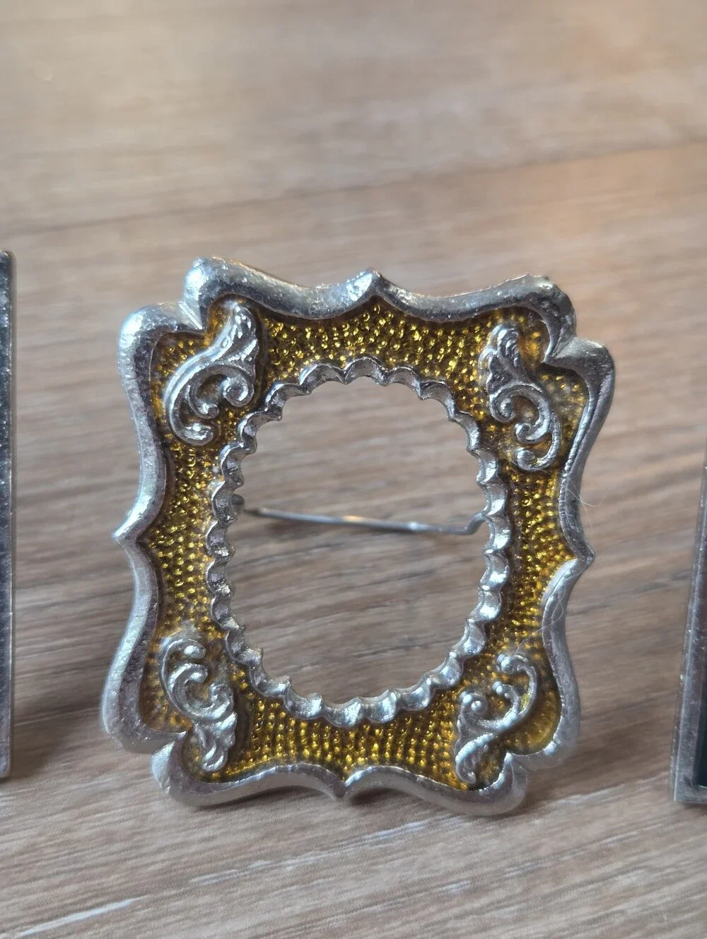Vintage Mini Ornate Metal Picture Frame Silver Tone, Green & Yellow Resin